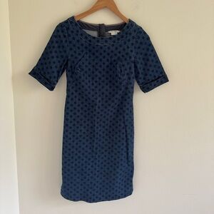 Boden Freya Polka Dot Denim Dress Womens Size 4 L long Blue Cotton Sheath